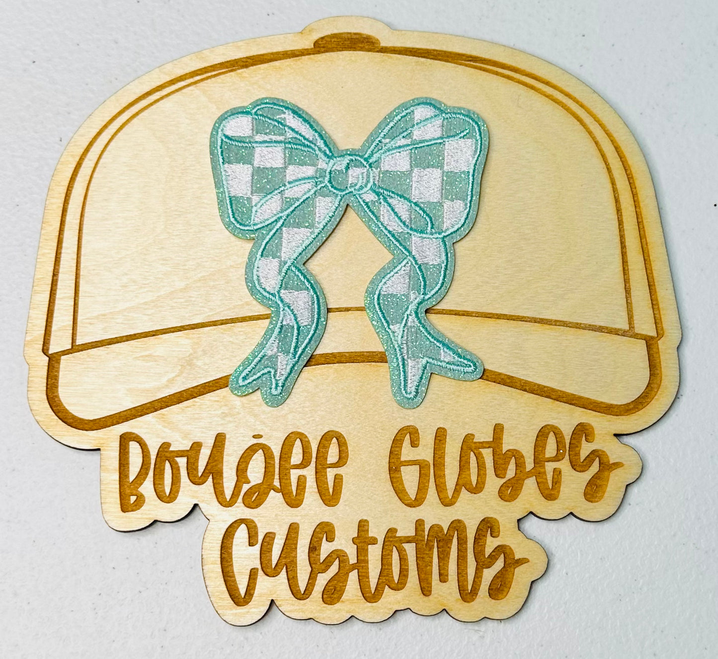Glitter Tiffany Blue and White Checkered Bow Iron On Hat Patch