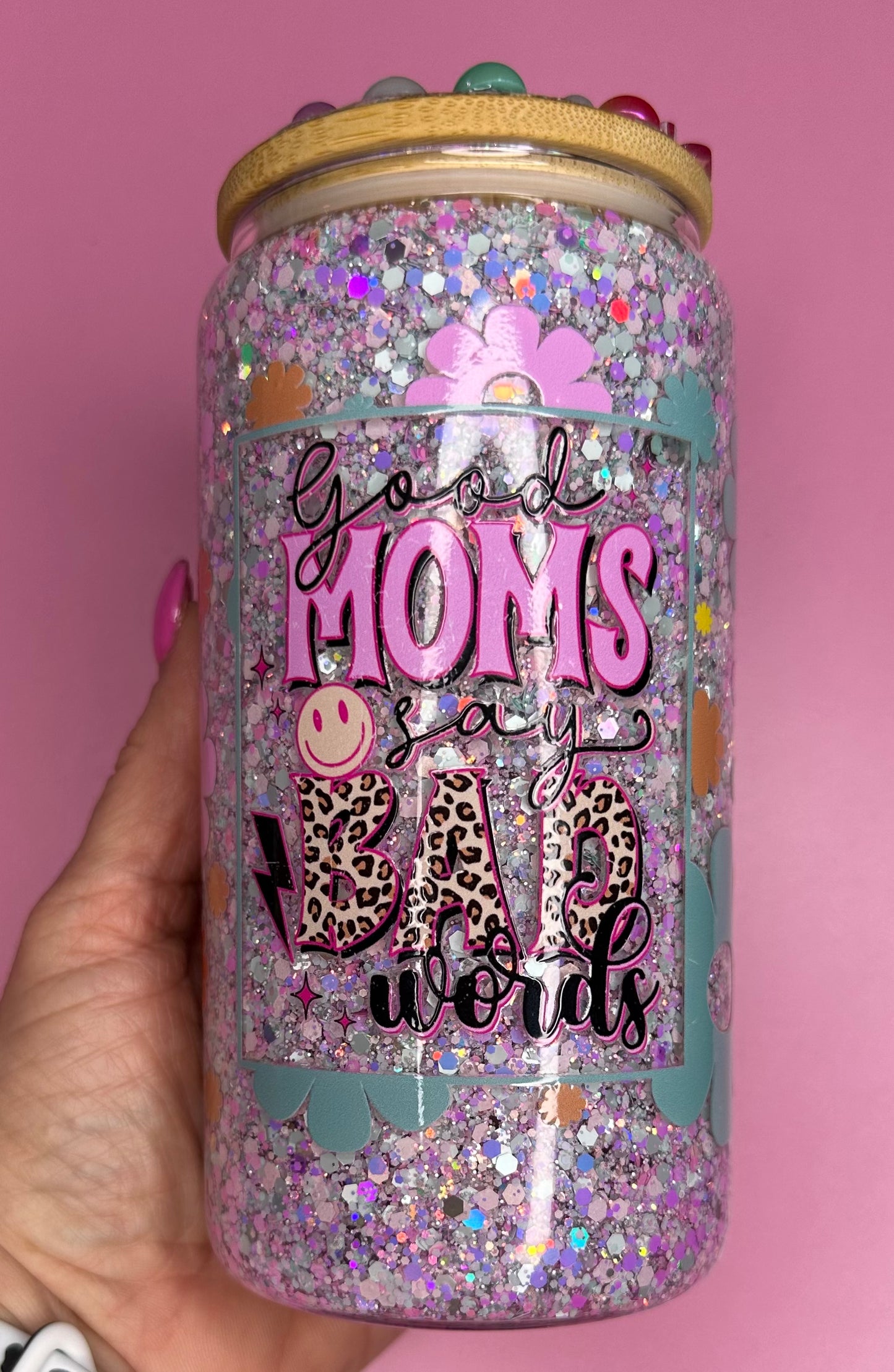 16oz Good Moms Say Bad Words Glass Snow Globe Tumbler