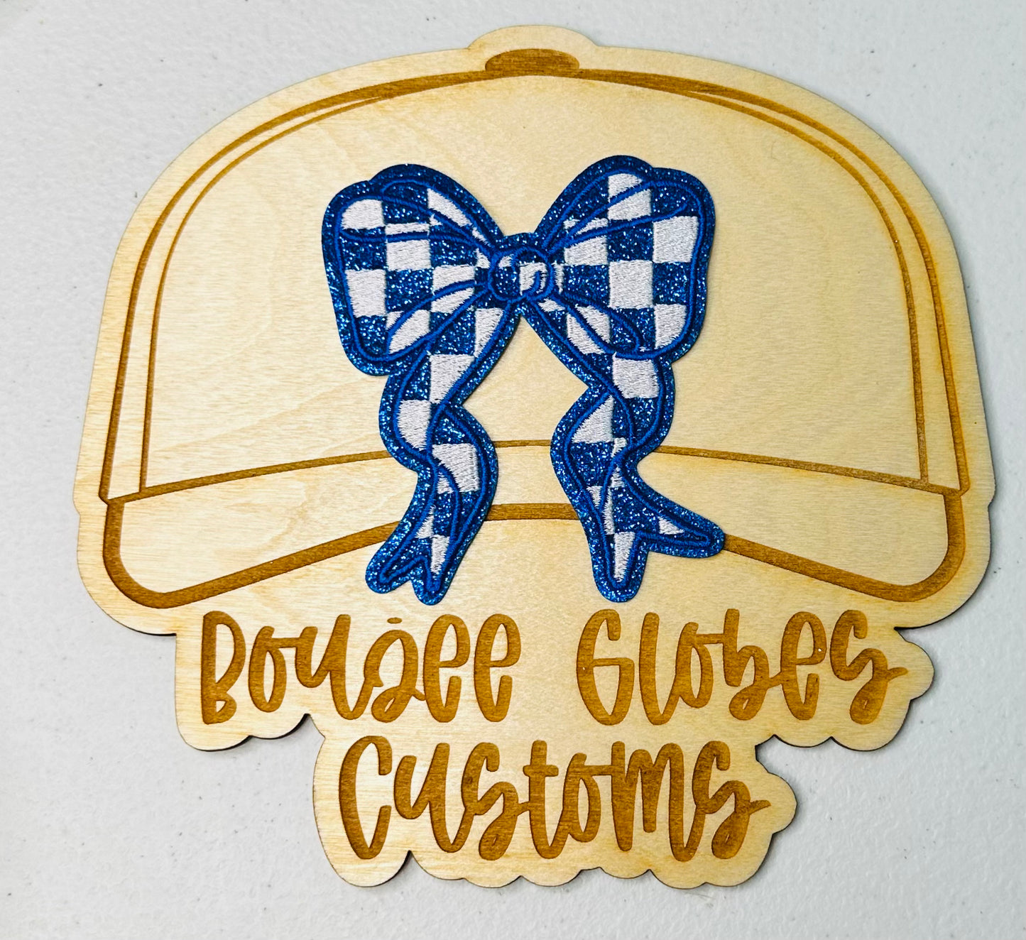 Glitter Blue and White Checkered Bow Iron On Hat Patch