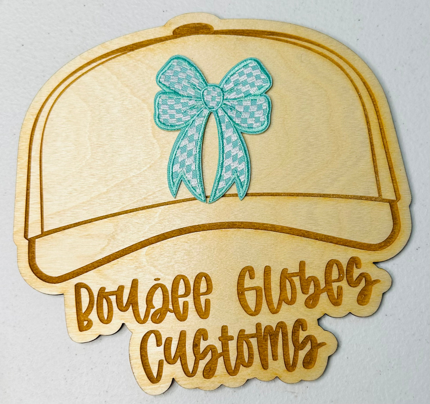 Embroidered Tiffany Blue and White Checkered Bow Iron on Hat Patch