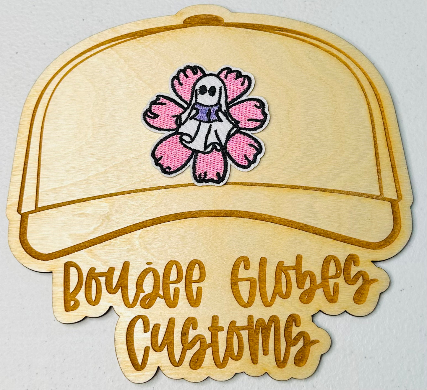 Embroidered Pink and White Ghost Flower Iron On Hat Patch