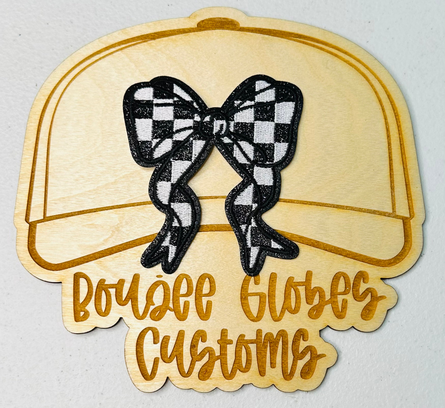 Glitter Black and White Checkered Bow Iron On Hat Patch