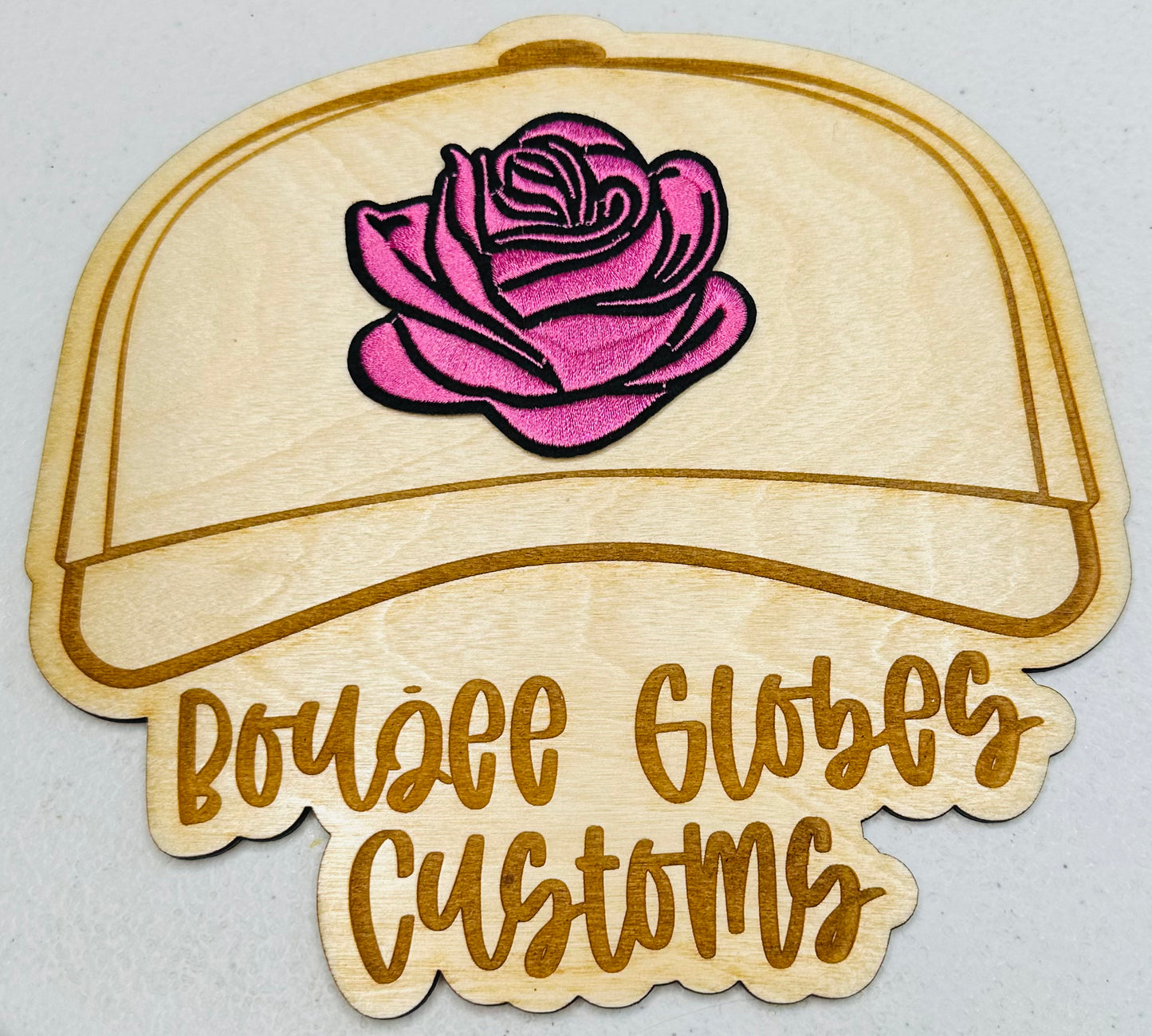 Embroidered fuchsia/pink rose iron on hat patch