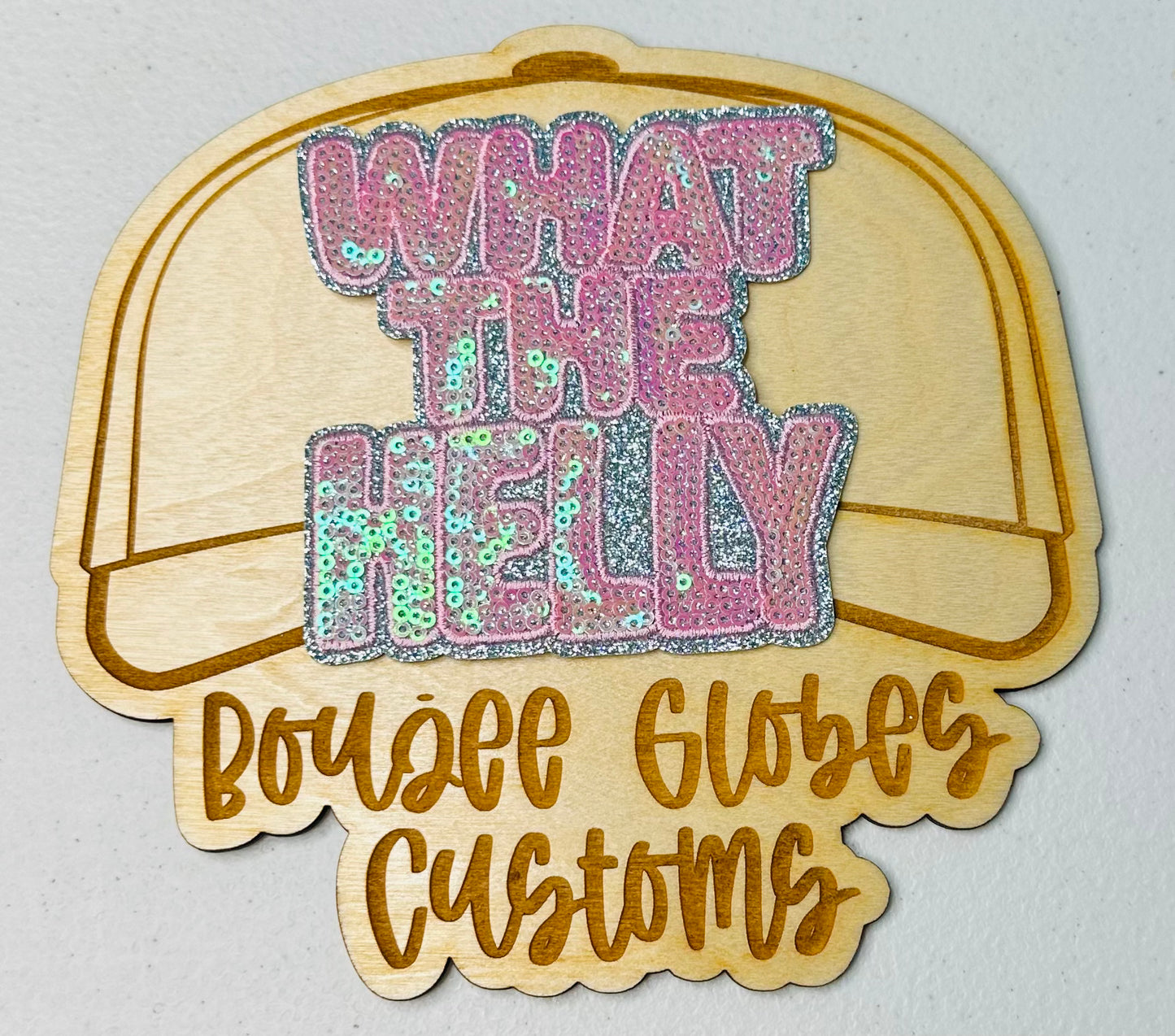 Sequined What The Helly Iron On Hat Patch