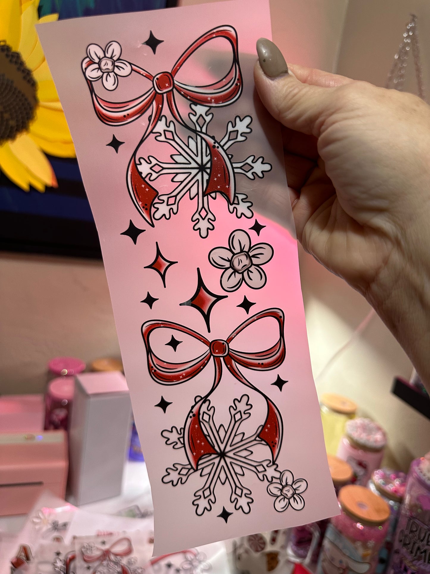 Christmas bow with snowflakes and matching double sleeves transfer