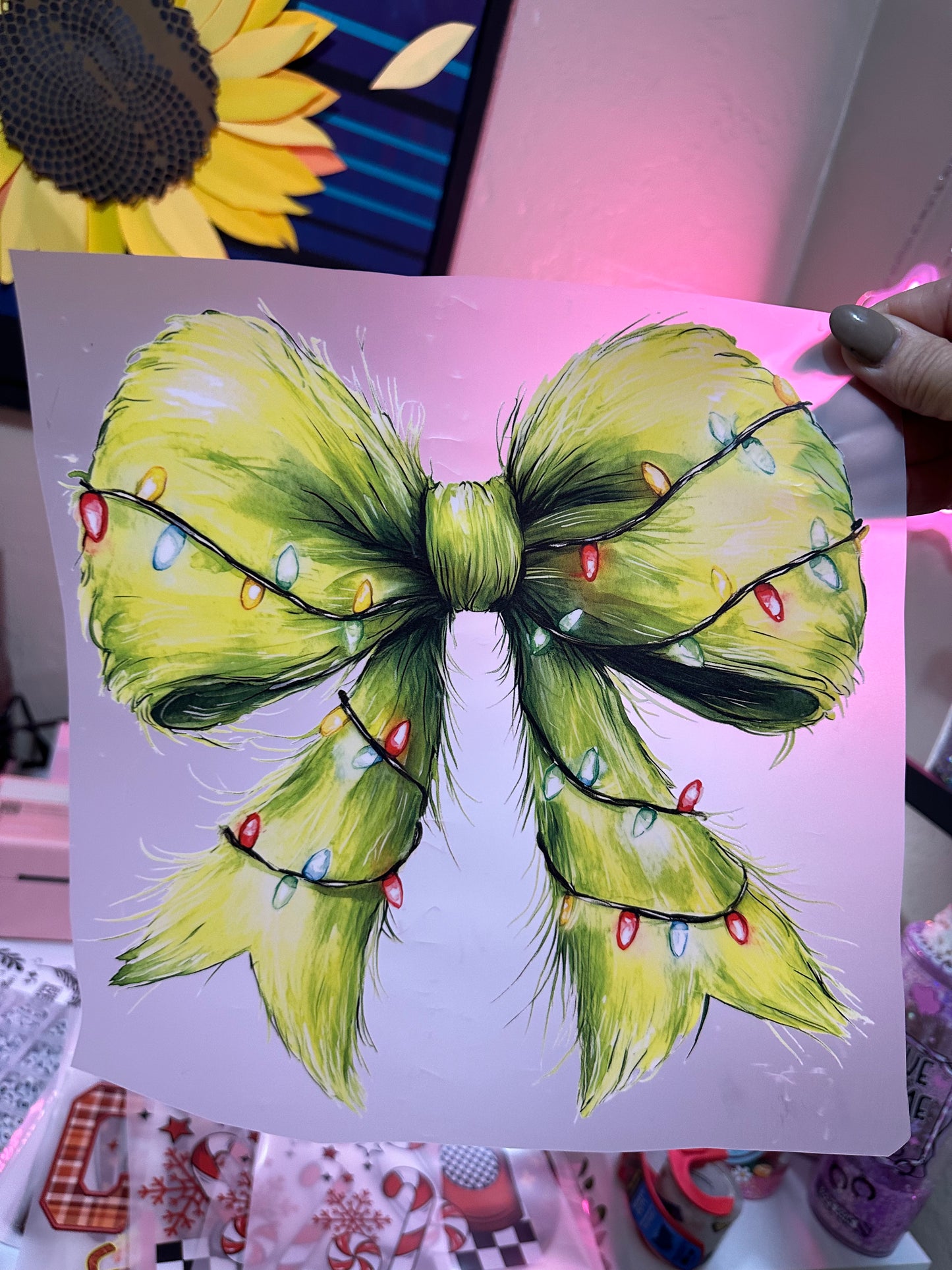 Grinch bow with Christmas lights transfer