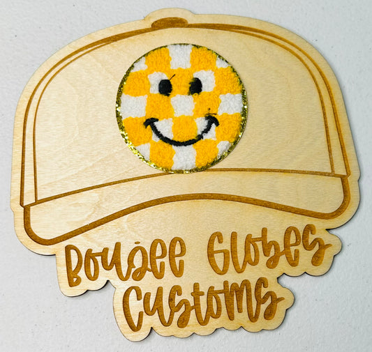 Chenille Yellow Checkered Smiley Face Iron On Hat Patch