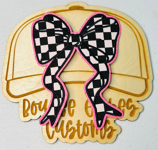 Glitter Large Black, White and Pink Checkered Bow Iron On Hat Patch