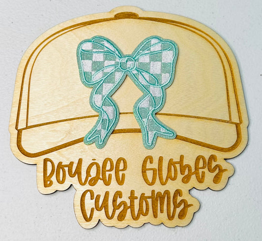 Glitter Tiffany Blue and White Checkered Bow Iron On Hat Patch