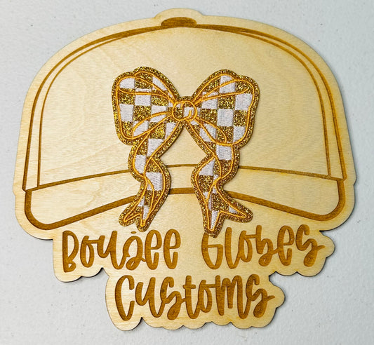 Glitter Gold and White Checkered Bow Iron On Hat Patch