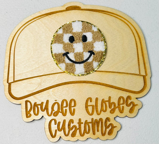 Chenille Tan/Beige Checkered Smiley Face Iron on Hat Patch