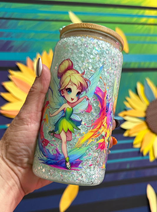 16oz Glow in the dark Tinkerbell Glass snow globe tumbler