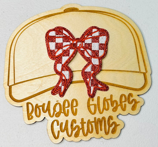 Glitter Red and White Checkered Bow Iron On Hat Patch