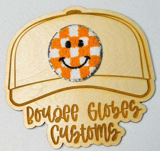 Chenille Orange Checkered Smiley Face Iron On Hat Patch