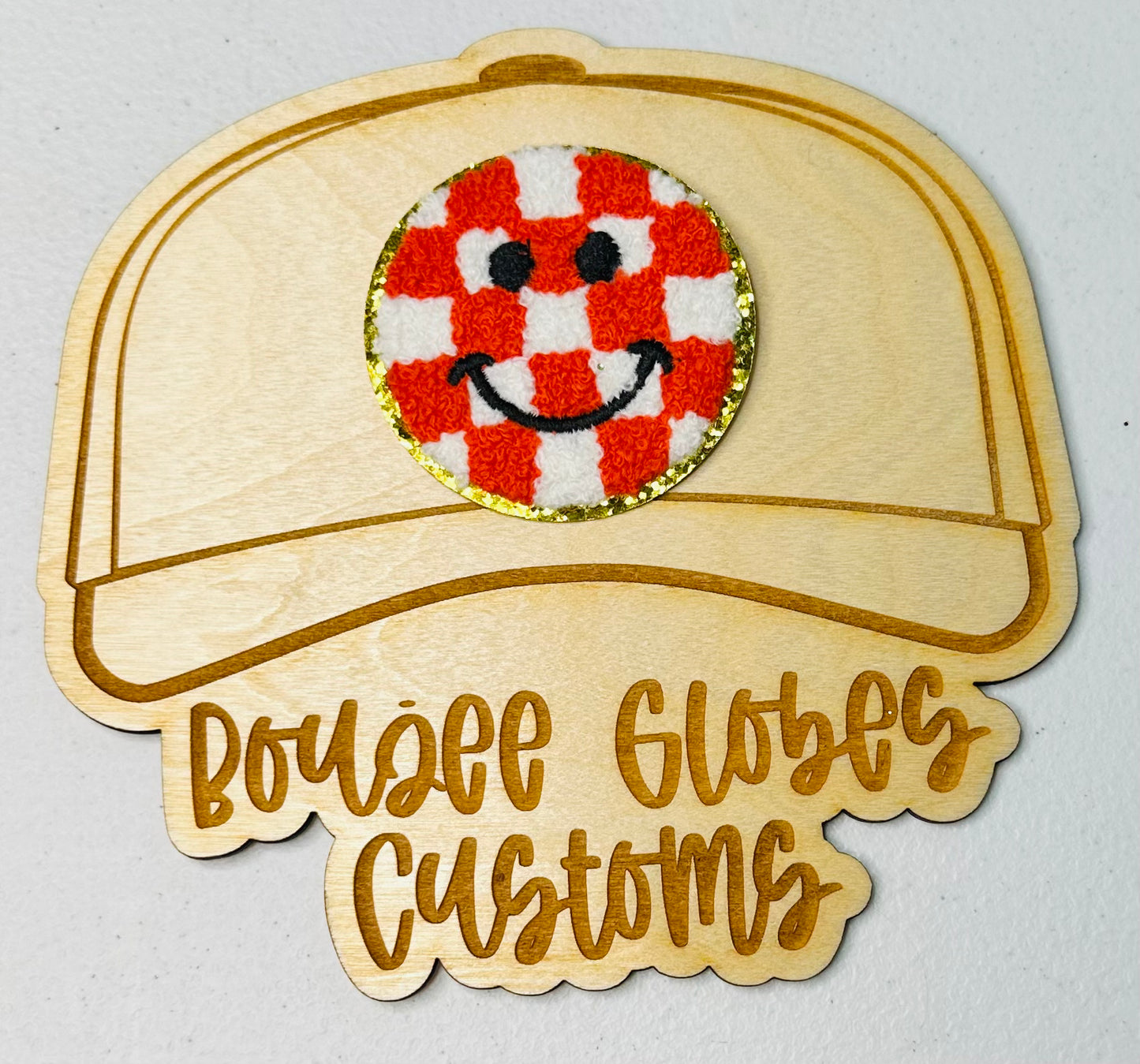 Chenille Red Checkered Smiley Face Iron On Hat Patch