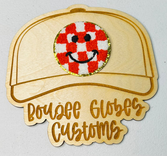 Chenille Red Checkered Smiley Face Iron On Hat Patch