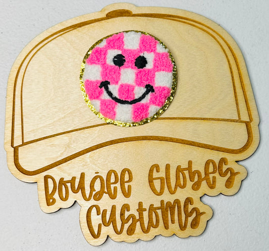 Chenille Pink Checkered Smiley Face Iron On Hat Patch