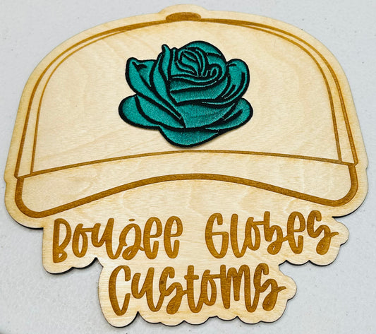 Embroidered green/teal rose iron on hat patch