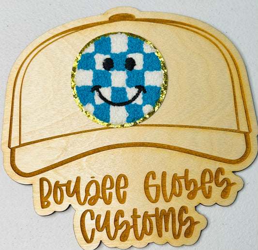 Chenille Blue Checkered Smiley Face Iron On Hat Patch