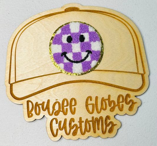Chenille Purple Checkered Smiley Face Iron On Hat Patch