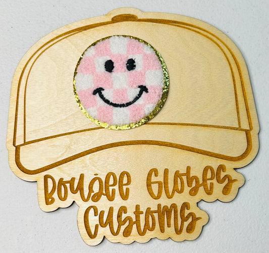 Chenille Pink Checkered Smiley Face Iron On Hat Patch