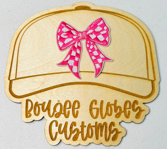 Embroidered Pink and White Checkered Bow Iron On Hat Patch