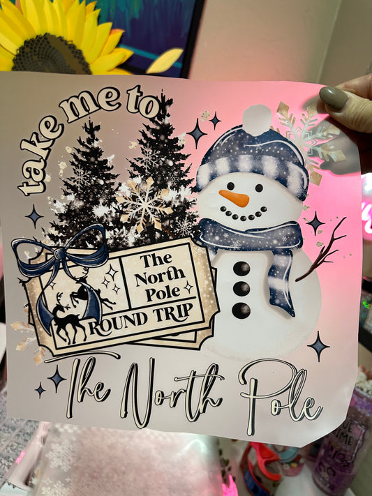 North Pole snowman with snowflakes and bows matching double sleeves transfer