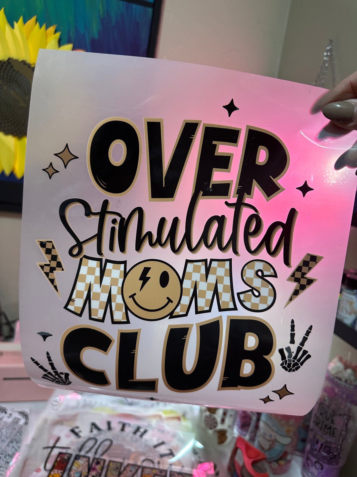 Over stimulated moms club DTF transfer